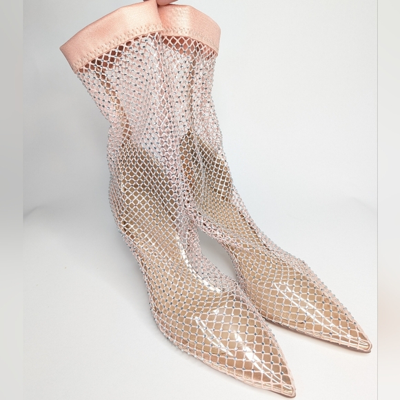 JF Rhinestone Fishnet Pink Rose Gold Stiletto High Heels Clear Netting Size 7.5 - Picture 2 of 13